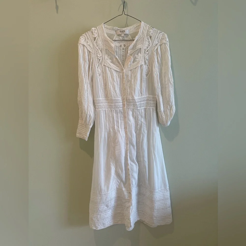 Sea New York White Button-Front Lace-Trim Midi Dress - Picture 1 of 2